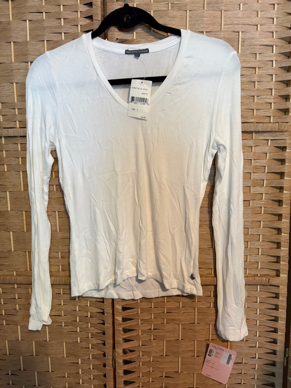 NWT James Perse Standard Women's Size XL(4) White Ribbed V Neck Long Sleeve Tee